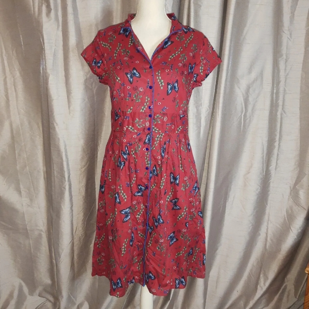 Raspberry Red Butterfly Button Front Midi Dress Joe Browns UK 14 Short Sleeve. - Picture 1 of 11